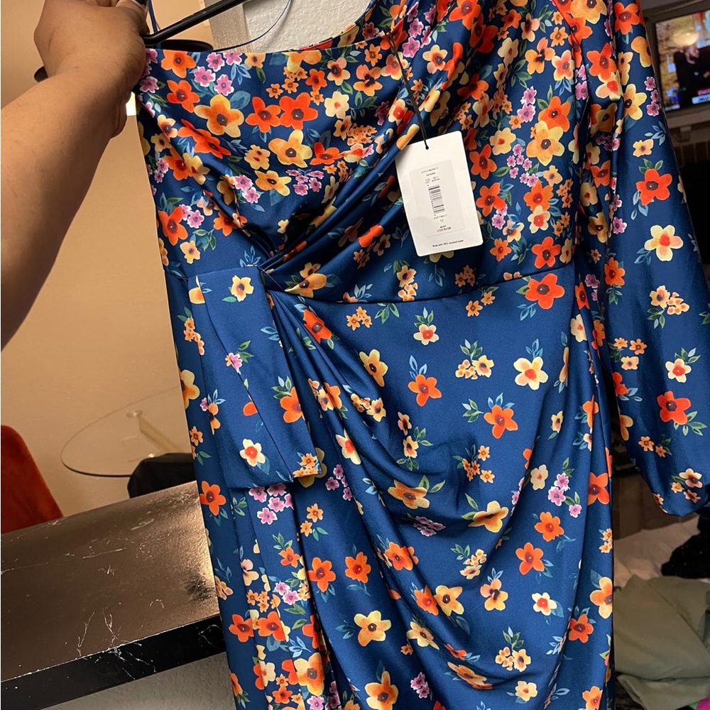 AMUR Blue Dress with Vibrant Floral Design